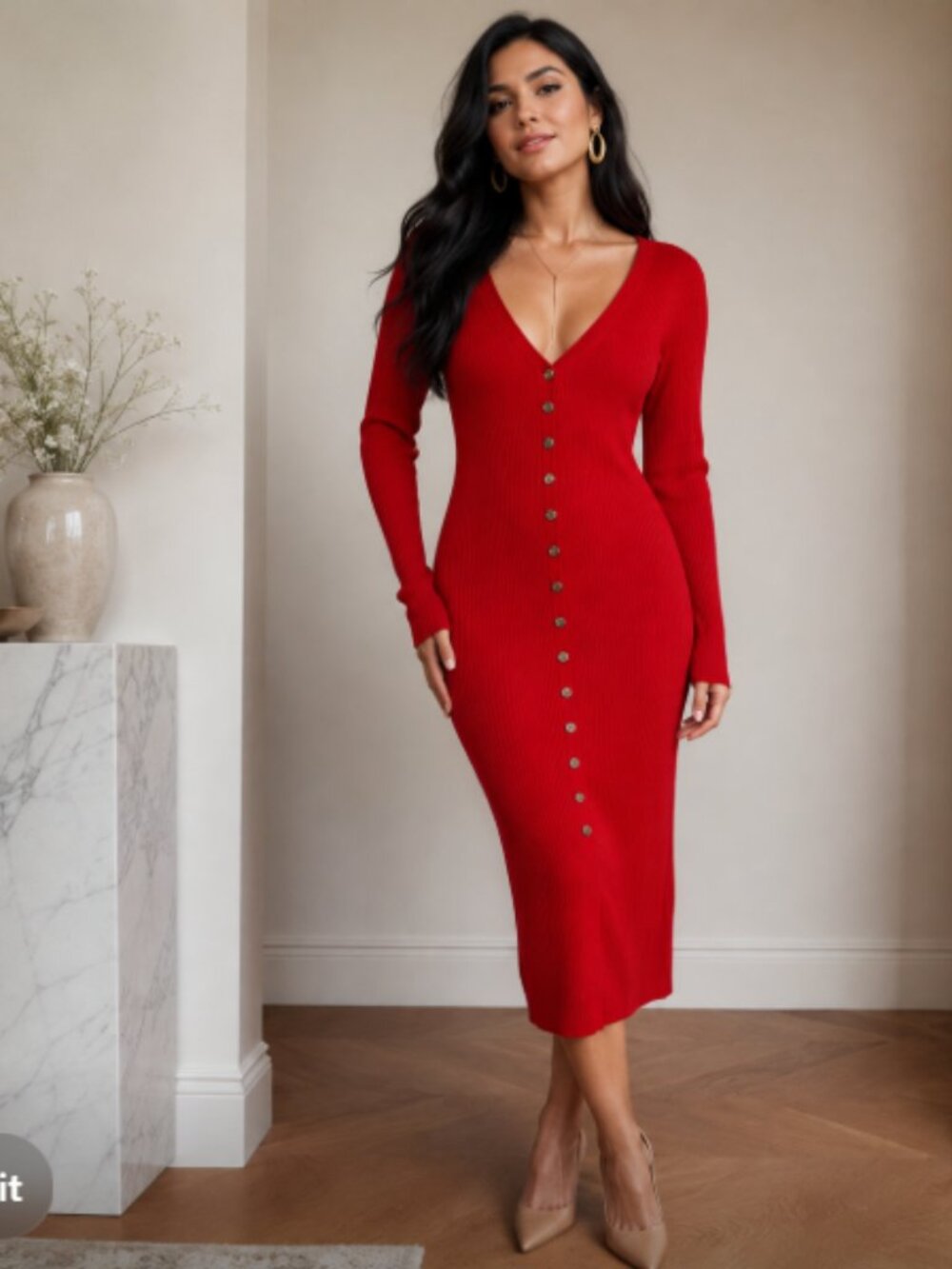 Forever 21 Women’s Small Red Ribbed Button Front Midi Sweater Dress Office Siren